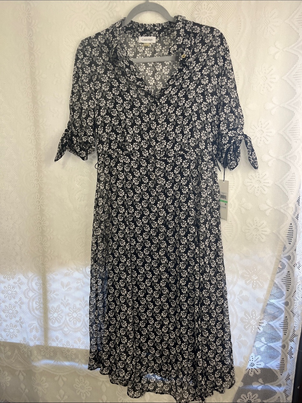 Calvin Klein Black and White Floral Tie-Sleeve Midi Dress NWT 8